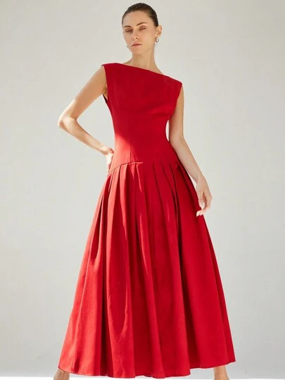 Aveloria Modichic Elegant Commuting Sleeveless Sexy Cinched Waist Low Waist Pleated Ruffle Hem Long Red Valentine's Day Dress For Women | SHEIN