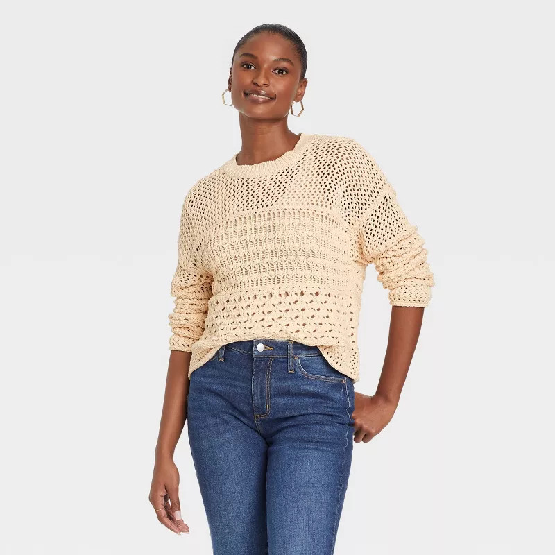 Women's Open Work Crewneck Pullover Sweater - Universal Thread™ Cream M | Target