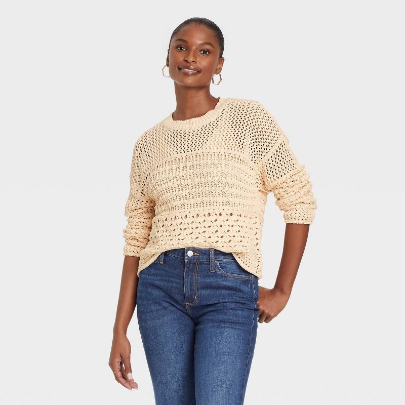 Women&#39;s Open Work Crewneck Pullover Sweater - Universal Thread&#8482; Cream M | Target