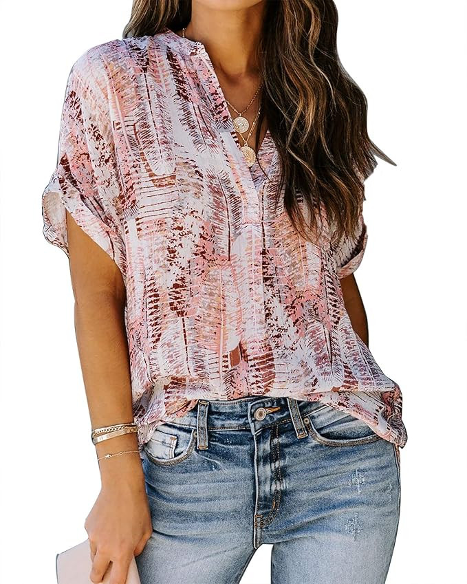 ANCAPELION Women’s Summer Chiffon Blouse Casual Short Sleeve V Neck Shirt Loose Printed Cuffed ... | Amazon (US)