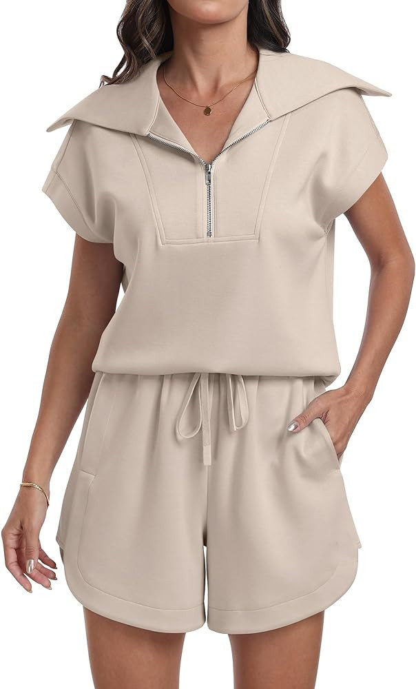 ANRABESS Women 2 Piece Outfits Sweatsuit Half Zip Lapel Collar Short Sleeve Tops Sweat Sho... | Amazon (US)