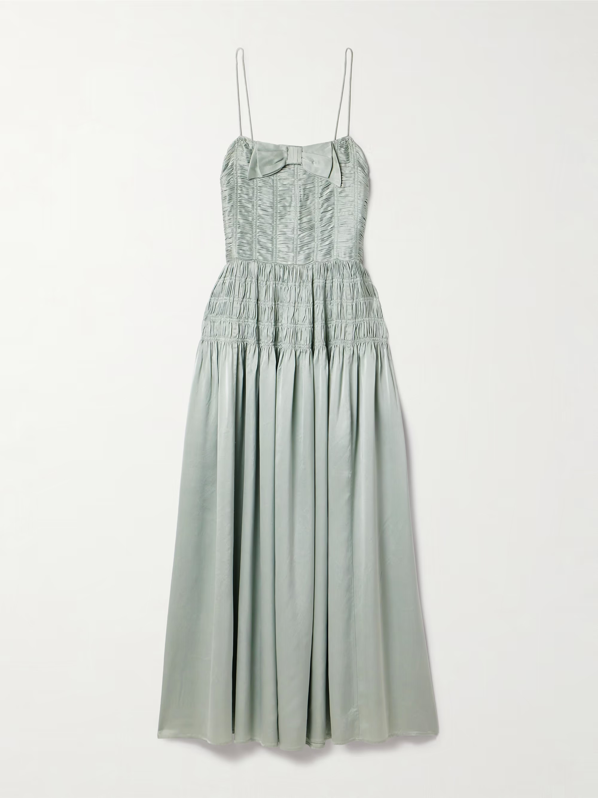 Ambrosia bow-detailed shirred silk-satin midi dress | NET-A-PORTER (US)