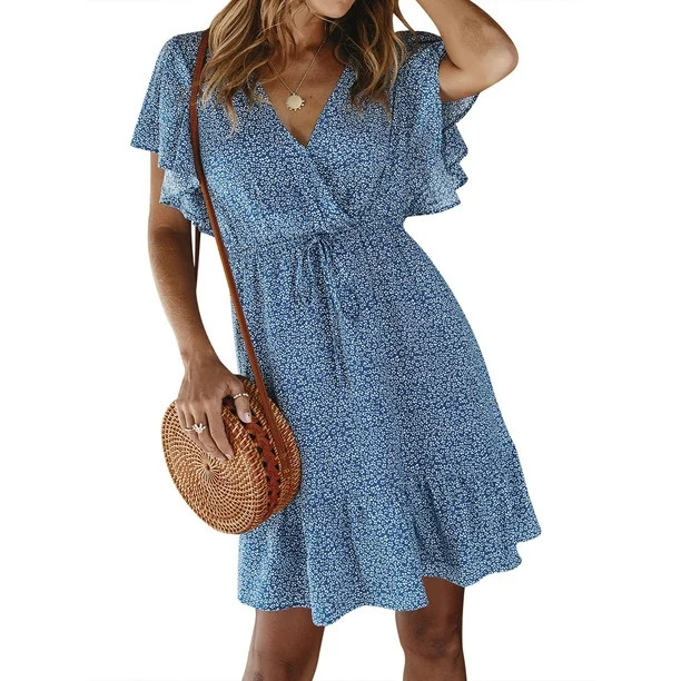 Women Floral Printed V Neck Tie Waist Ruffled Short Sleeves Midi Dress - Walmart.com | Walmart (US)