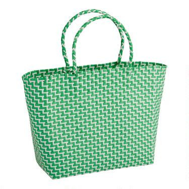 Green And White Woven Straw Tote Bag | World Market