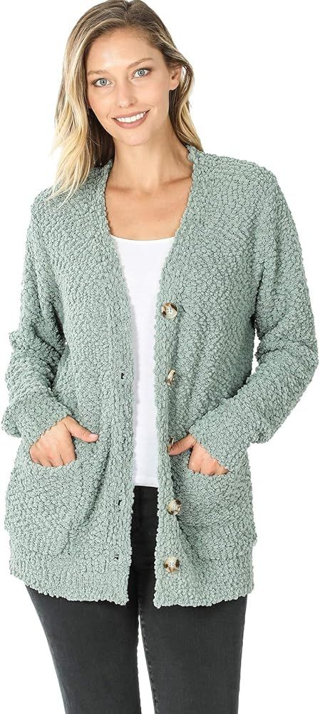 Zenana Popcorn Sweater Button Down Cardigan LtOlive L | Amazon (US)