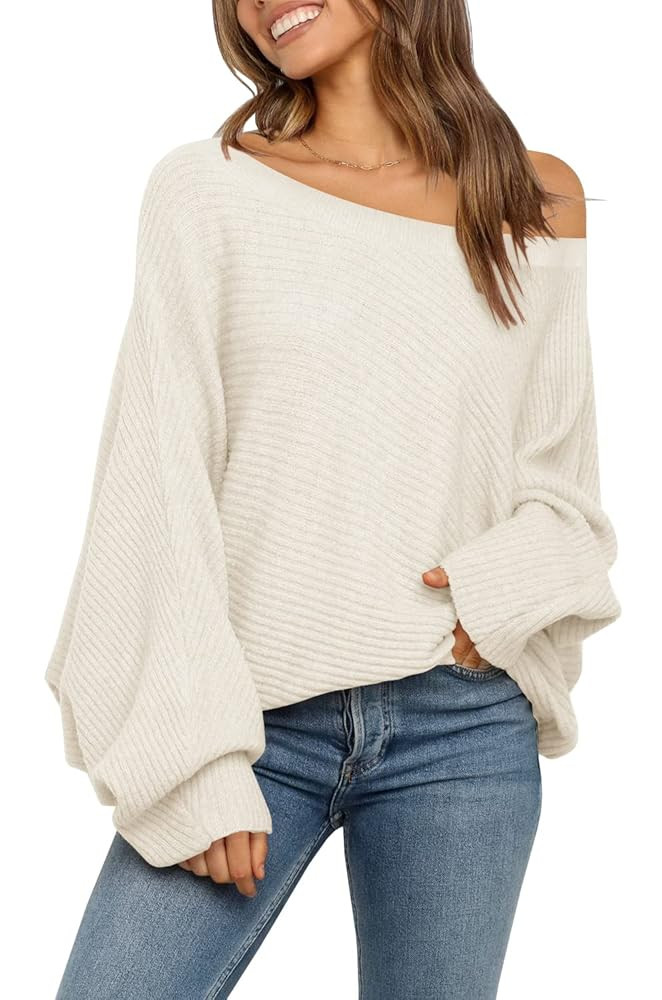 Mafulus Women's Oversized Crewneck Sweater Batwing Puff Long Sleeve Cable Slouchy Pullover Jumper... | Amazon (US)