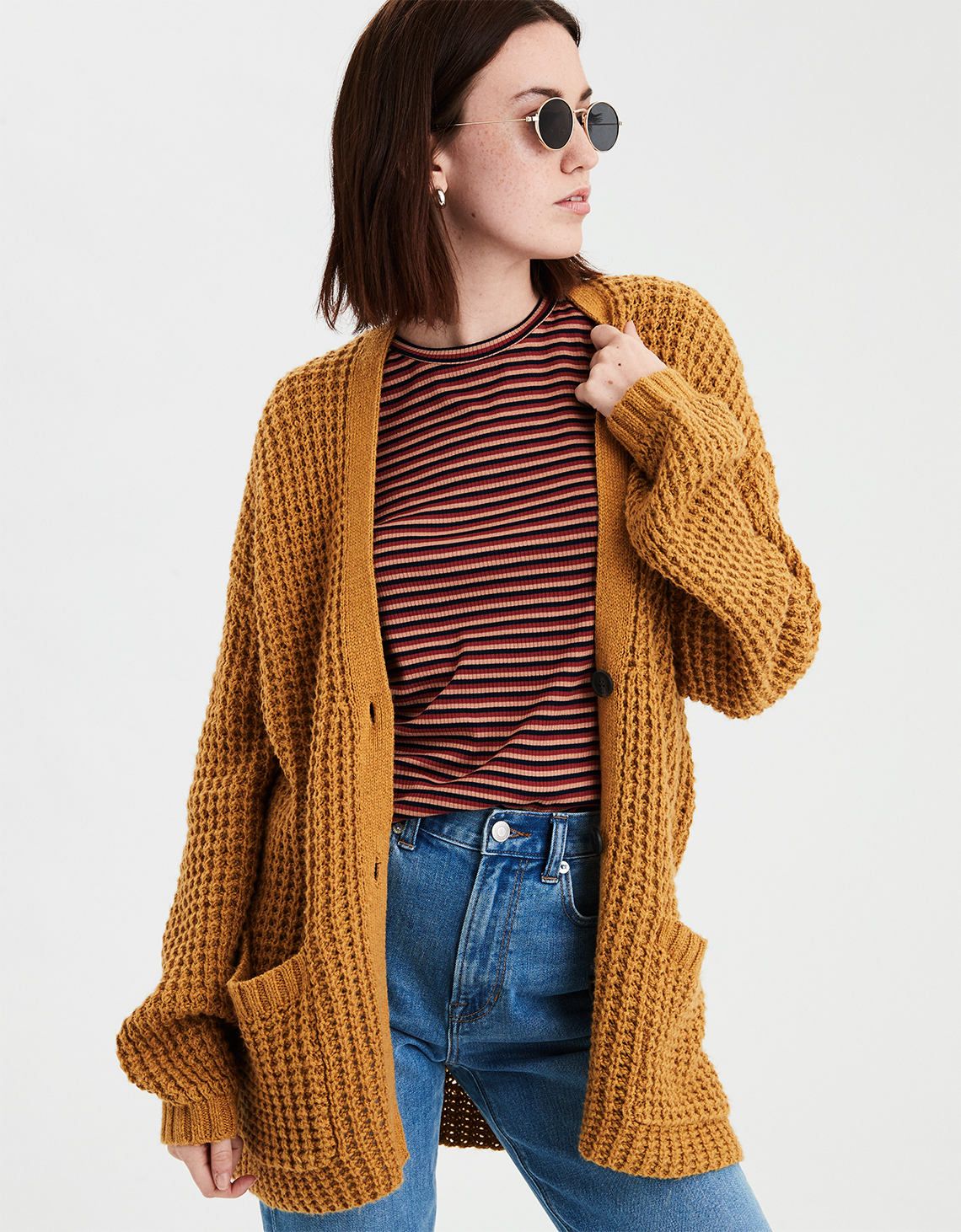 AE Slouchy Waffle Cardigan Sweater, Mustard | American Eagle Outfitters (US & CA)