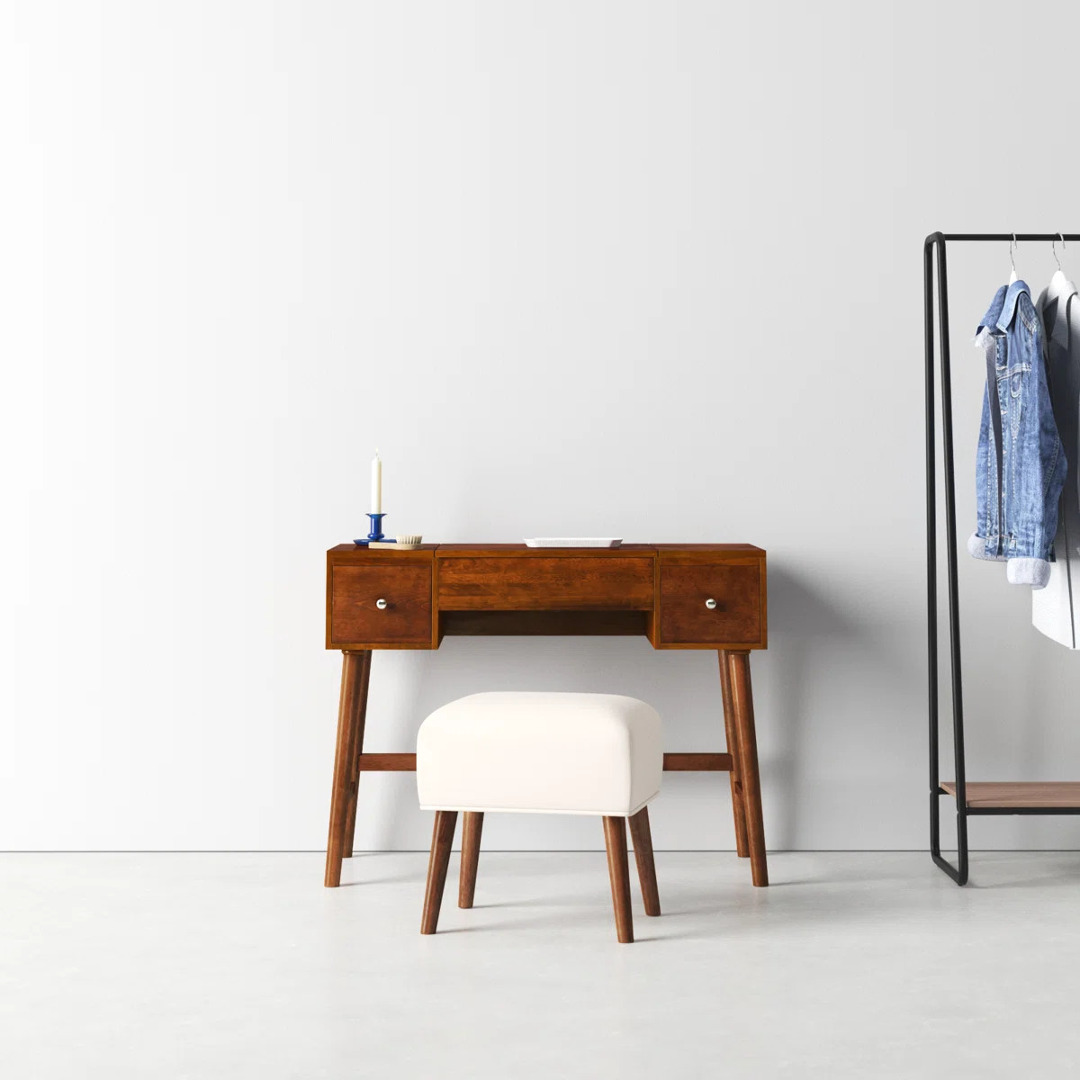 Headley Mid Century Modern 2 Drawer Flip Top Vanity Set | Wayfair North America