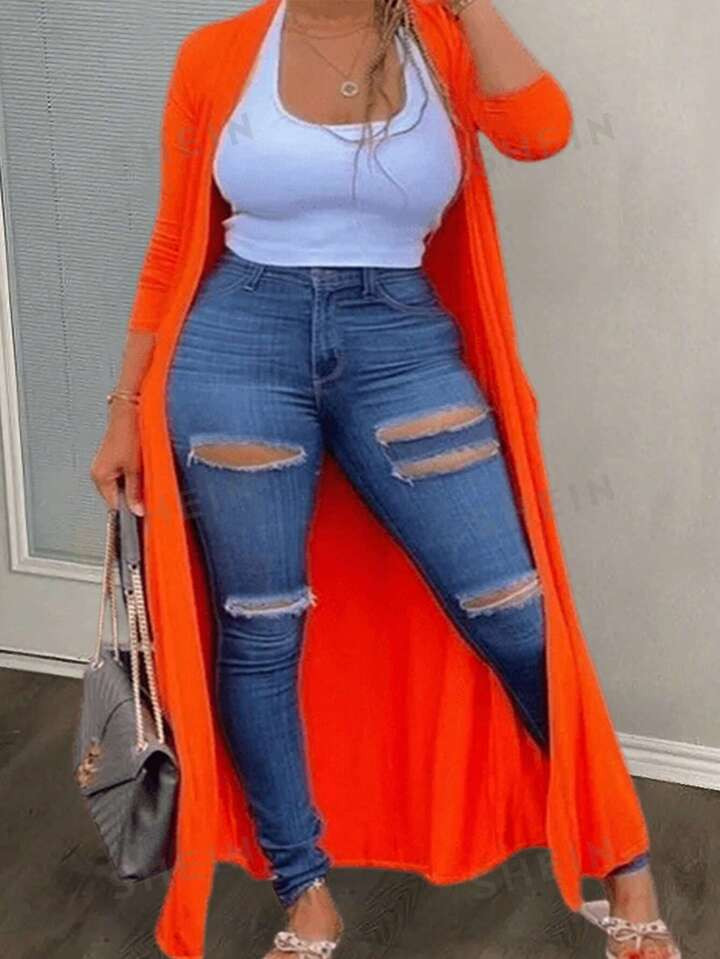 SHEIN Slayr Plus Elegant & Casual & Daily Loose Orange Solid Color Long Opening Women's Cardigan ... | SHEIN