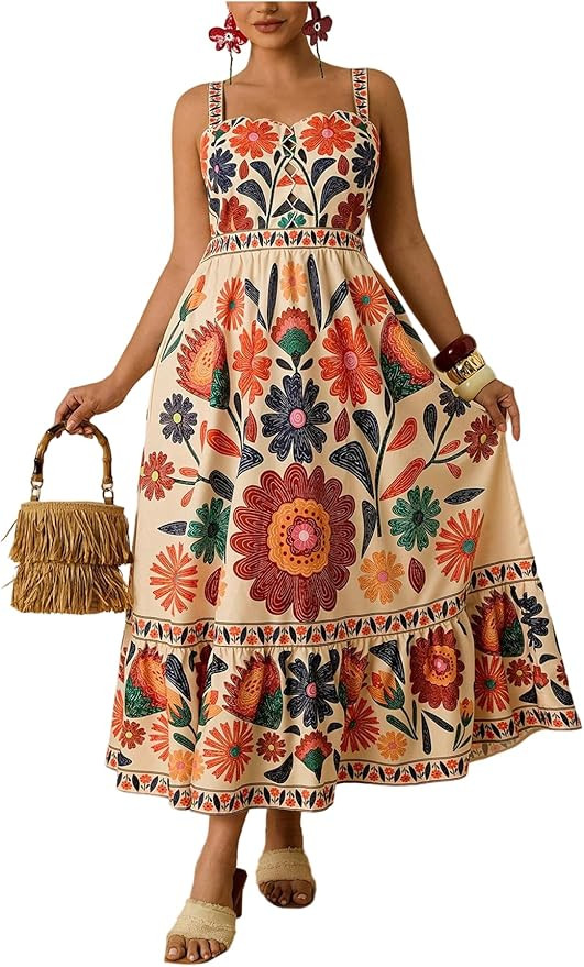 Floerns Women's Plus Size Floral Maxi Dress Sleeveless Smocked Flowy Beach Dresses Apricot 3X-Lar... | Amazon (US)