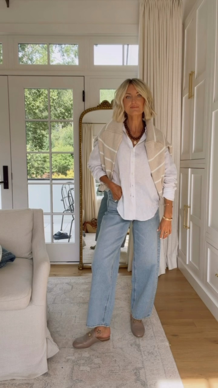 This striped sweater is so classic & perfect to wear regularly or to drape over your shoulders! Wearing size S/26!

Loverly Grey, Quince, closet staples, capsule wardrobe, barrel jeans, light layers, pre fall outfit

#LTKSeasonal #LTKootd