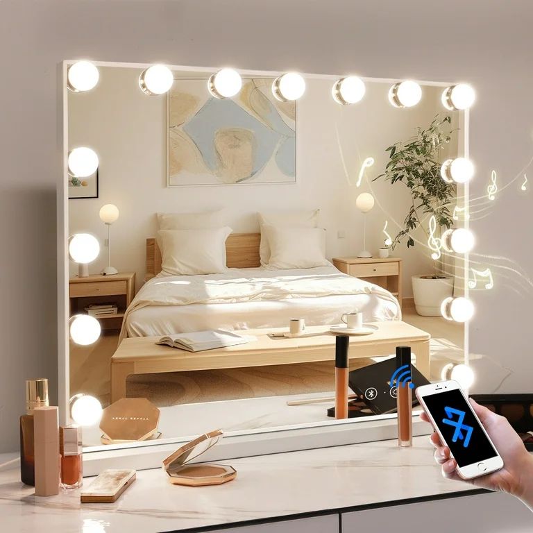 Fenchilin 23''x19'' Vanity Mirror with Lights Bluetooth Tabletop Wall Mount Metal White | Walmart (US)