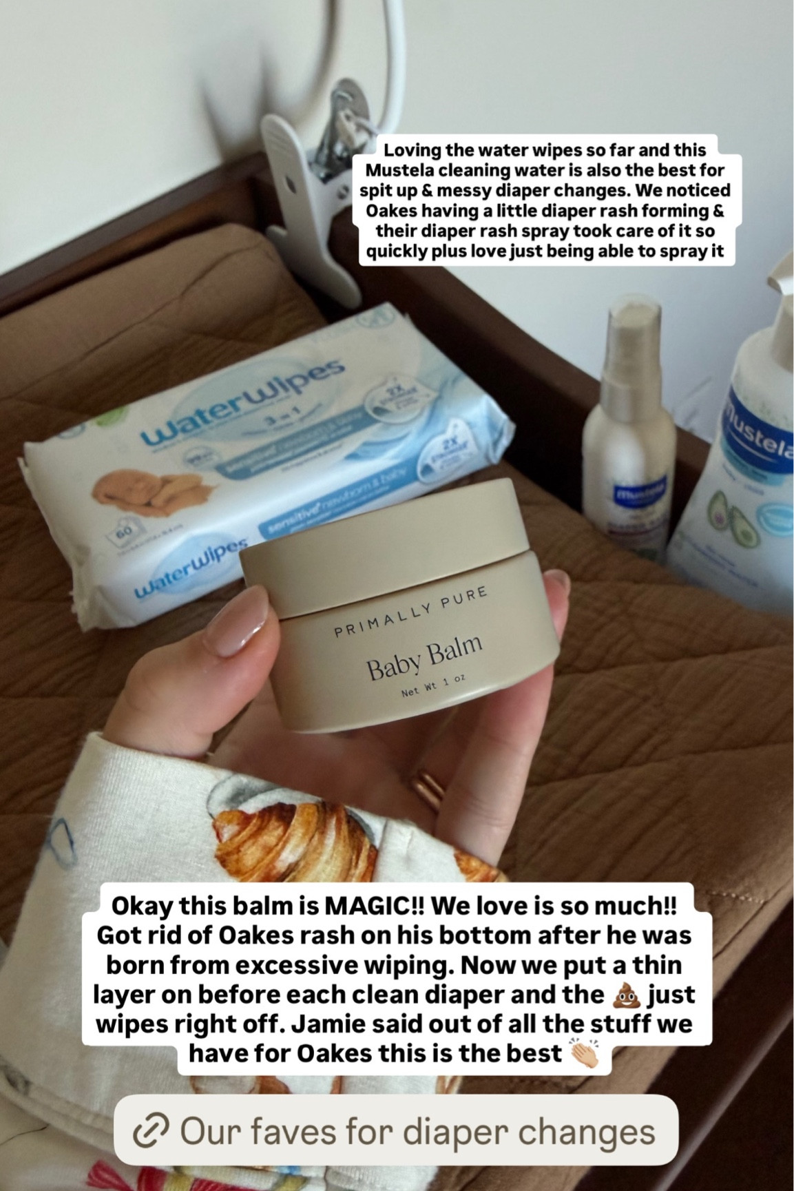 Okay this balm is MAGIC!! We love is so much!! Got rid of Oakes rash on his bottom after he was born from excessive wiping. Now we put a thin layer on before each clean diaper and the 💩 just wipes right off. Jamie said out of all the stuff we have for Oakes this is the best 👏🏼 Loving the water wipes so far and this Mustela cleaning water is also the best for spit up & messy diaper changes. We noticed Oakes having a little diaper rash forming & their diaper rash spray took care of it so quickly plus love just being able to spray it  @primallypure @mustelausa @waterwipes