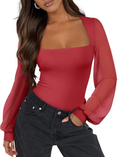 PINKMSTYLE Sexy Bodysuits for Women Classic Square Neck Long Sleeve Slim Fit Shirts Sheer Mesh Trendy Going Out Tops Cute Office Red Small | Amazon (US)