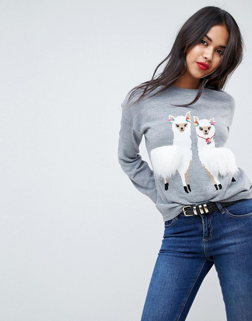 ASOS Jumper With Pom Pom Lama - Grey | ASOS UK