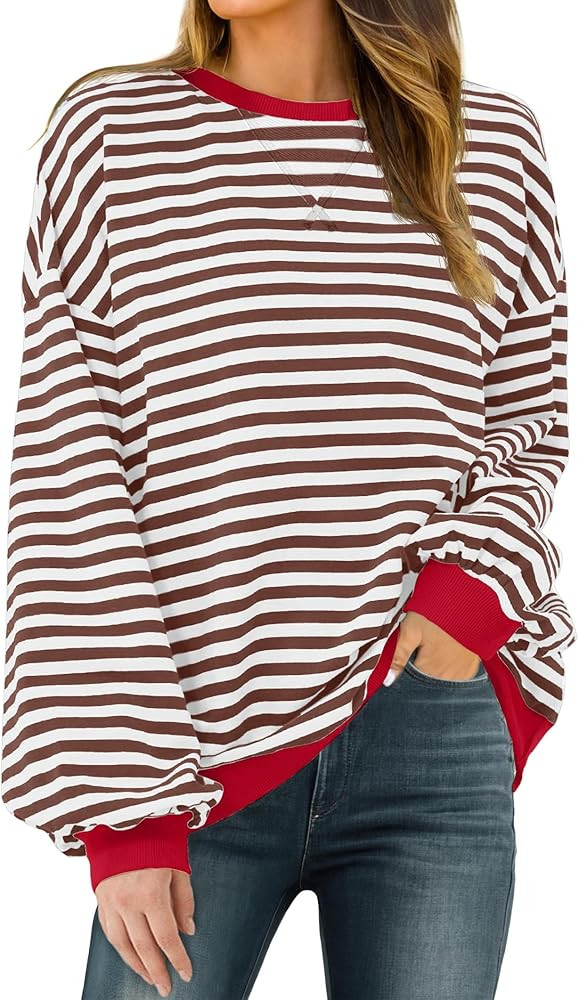 Women Sweatshirt Striped Crew Neck Oversized Long Sleeve Sweatshirt Color Block Loose Pullover | Amazon (US)