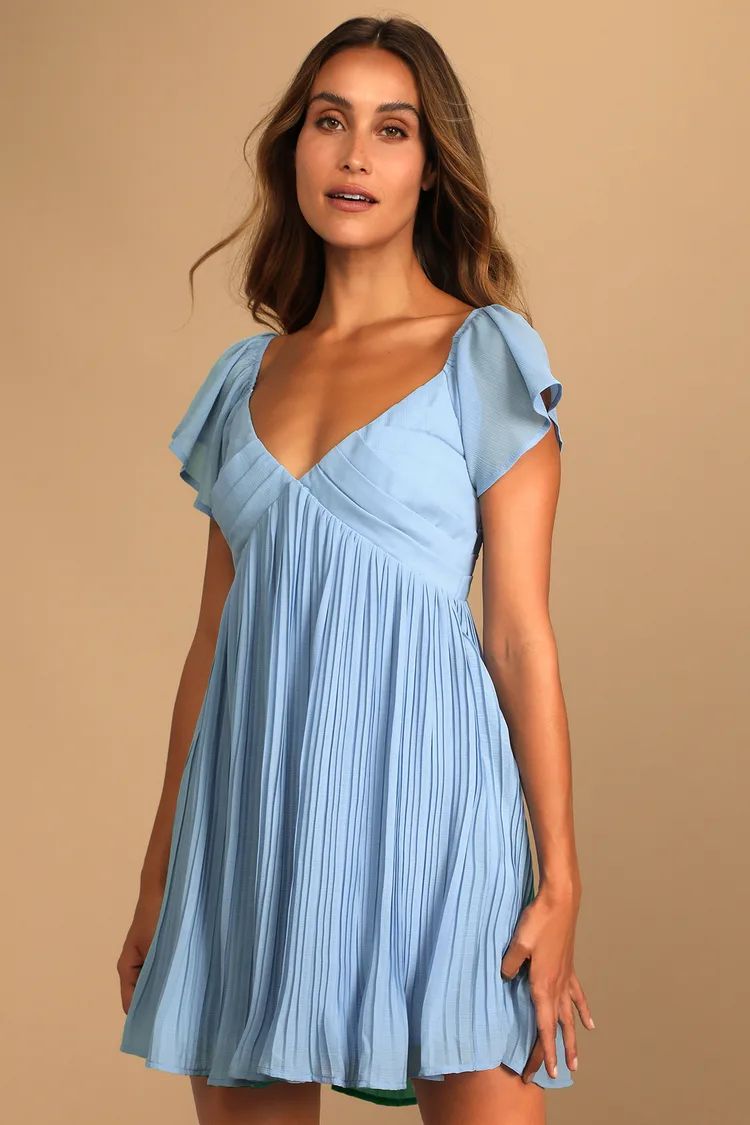 Amalfi Coast Light Blue Pleated Flutter Sleeve Mini Dress | Lulus