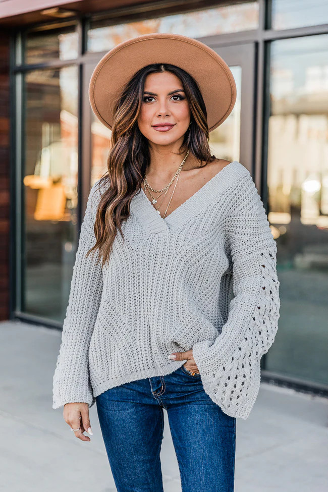 Act Surprised Grey Chenille Open Knit Sleeve Sweater FINAL SALE | The Pink Lily Boutique
