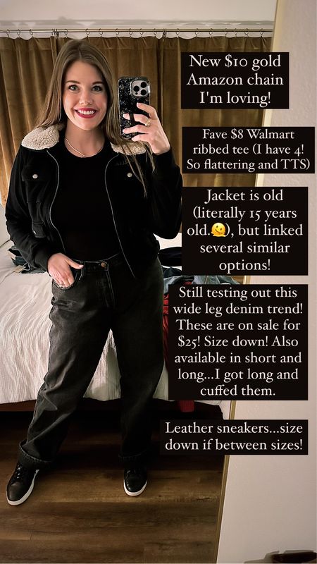 Comfy outfit for shopping! Walmart tee is the best ever and only $8! I'm in a large. Jeans are mid rise and wide leg...size down! I did a 12 long and wish I had a 10! Short length available, too! My jacket is so old, but there are so many cute black jackets with Sherpa collars right now! Linked several!
.............
Wide leg jeans 90s jeans baggy jeans Abercrombie jeans dupe Abercrombie jacket holiday party outfit holiday shopping gift ideas for teens gift ideas for her gold necklace herringbone chain herringbone necklace Amazon jewelry Amazon finds Amazon gift ideas target jeans midsize jeans size 12 outfit size 10 outfit size 12 style midsize style midsize fashion Walmart tops Walmart fashion Walmart finds black jeans black jacket black sneakers leather sneakers gift ideas under $20 winter coat winter jacket comfy coat comfy jacket Sherpa jacket trending jacket monochromatic outfit black outfit 90s jeans 90s denim nuuds dupe high rise jeans gold chain all black outfit best ribbed tee best tee under $10 best top under $10

#LTKCyberWeek #LTKstyletip #LTKmidsize
