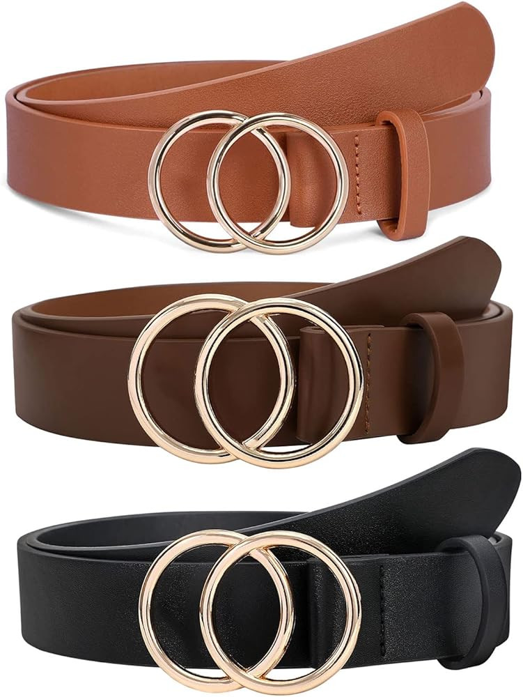 SANSTHS 2 Pack Women Leather Belts Faux Leather Jeans Belt with Double O-Ring Buckle Size up to 5... | Amazon (US)