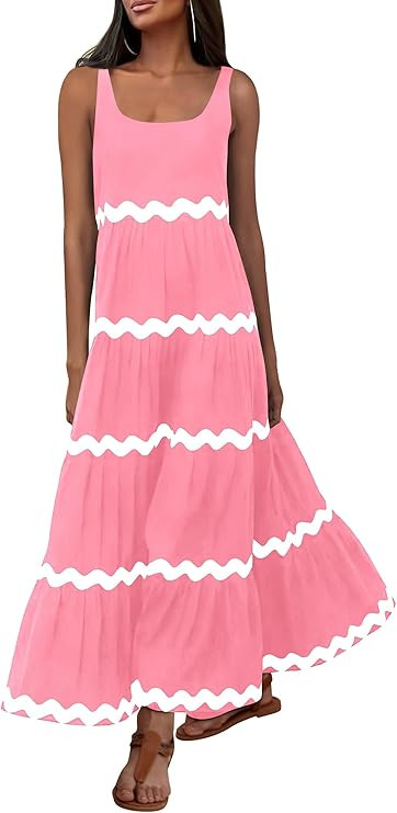 PRETTYGARDEN Women's 2024 Summer Sundresses Sleeveless Scoop Neck Tiered Flowy Beach Vacation Par... | Amazon (US)
