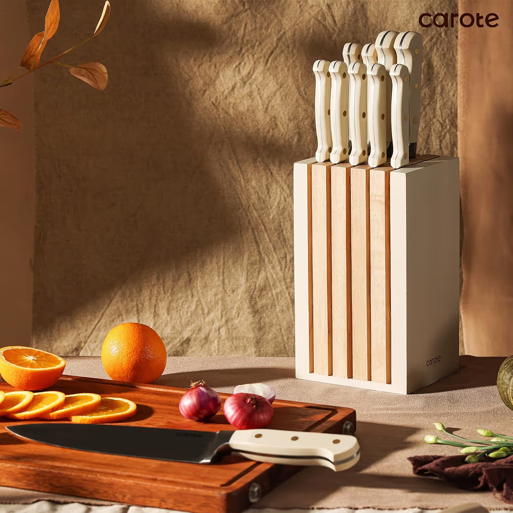CAROTE 11 Pieces Knife Set with Block for kitchen, Stainless Steel Razor-Sharp Blade, Triple Riveted Ergonomic Handle, Wooden Magnetic Block, Essential Knife Block Set, Beige | Amazon (US)