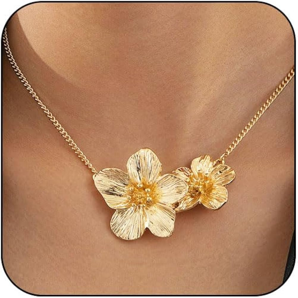 Gold Flower Necklace for Women Chunky Statement Dainty Boho White Floral Hibiscus Necklace Jewelr... | Amazon (US)