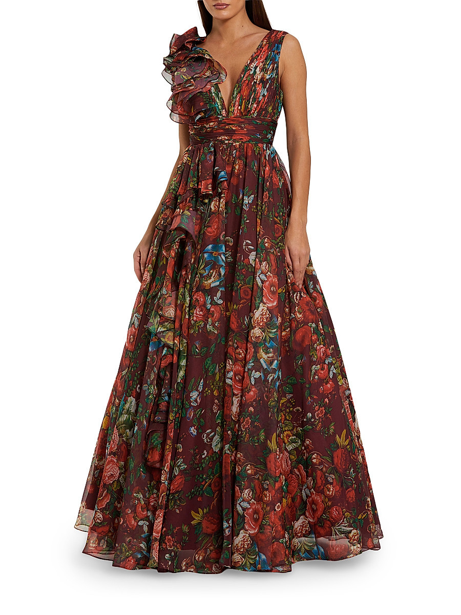 Women's Floral Chiffon Ruffled V-Neck Gown - Wine Multi - Size 16 | Saks Fifth Avenue