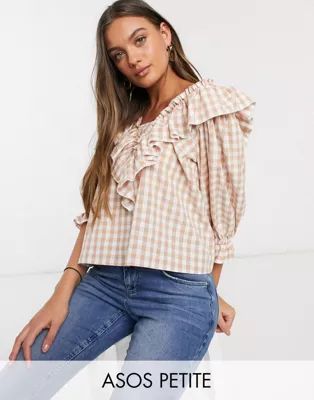 ASOS DESIGN Petite long sleeve gingham top with ruffle detail | ASOS (Global)