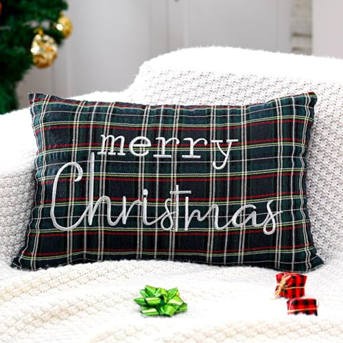 Preboun Tartan Christmas Pillow Cover 12 x 20 Inch Embroidered Merry Christmas Throw Pillow Cover Scottish Tartan Pillows Cases Home Decor Vintage Plaid Cushion Covers for Farmhouse Couch Sofa(Green) | Amazon (US)