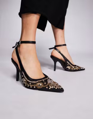 Azalea Wang Ghouldie strappy sling back embellished heels in black | ASOS (Global)