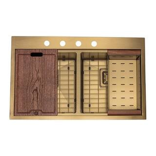 TMR5050WS-Gold 16 Gauge Stainless Steel 33 in. Double Bowl Drop-In Workstation Kitchen Sink with ... | The Home Depot