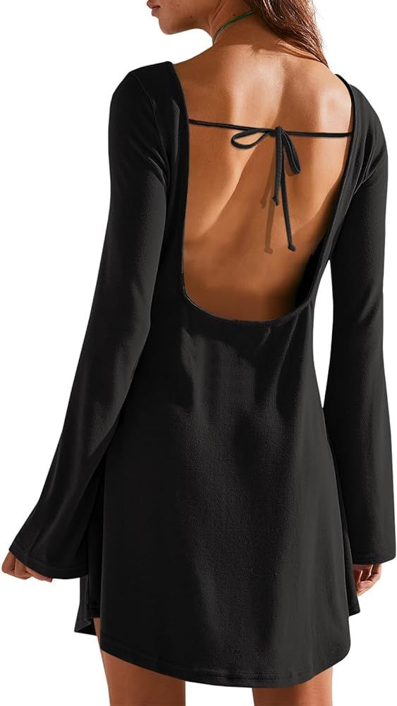 Wenrine Womens Tie Back Dress Backless Casual Summer Long Sleeve Boat Neck T Shirt Mini Dresses | Amazon (US)