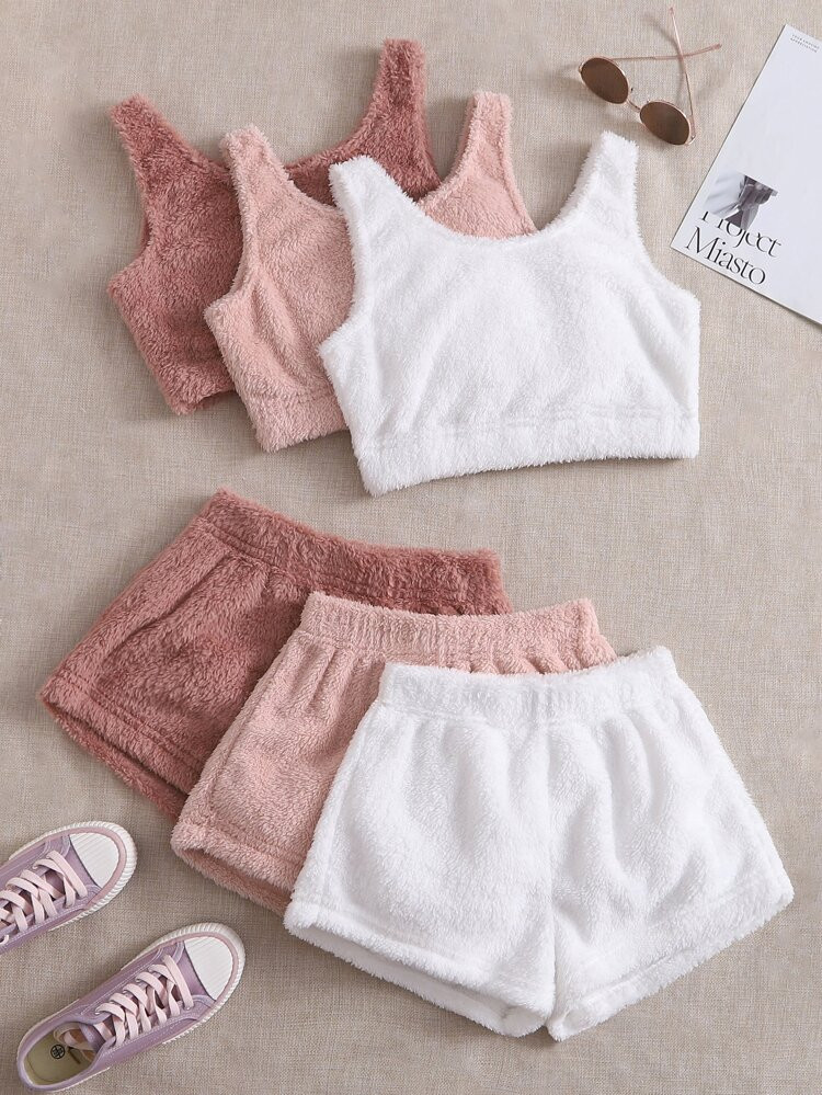 3pcs Solid Flannel Tank Top & 3pcs Lounge Shorts | SHEIN