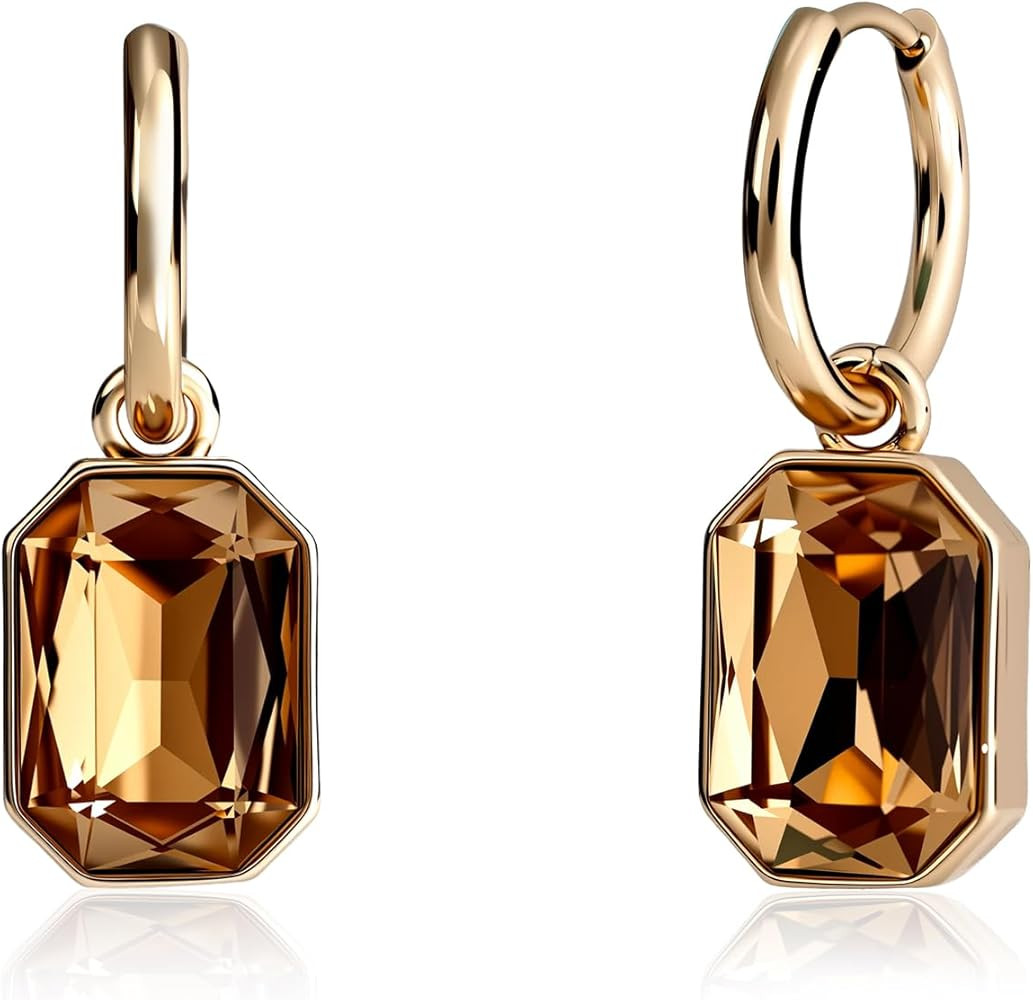 Gold Hoop Dangle Earrings - Brown Gemstone Crystal Drop Earrings, Hypoallergenic Vintage Hoop Ear... | Amazon (US)
