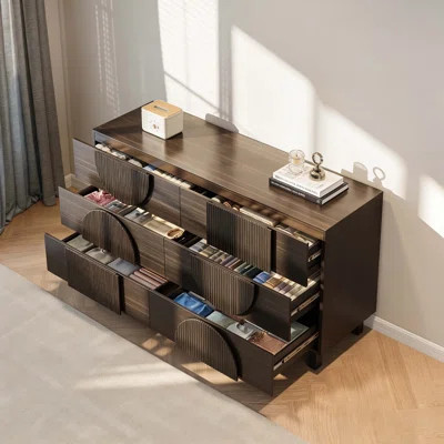 60" Wide Modern 6-Drawer Fluted Dresser, Brown Engineered Wood Chest Of Drawers With Solid Wood Legs, Multi-Use Storage Cabinet & Accent Console For B | Wayfair North America