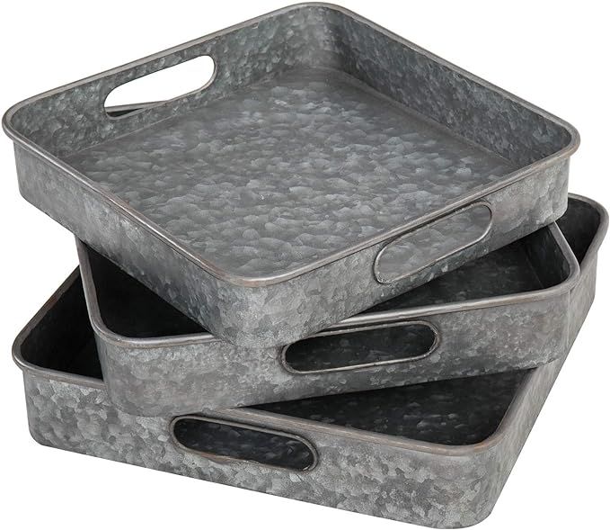 MyGift Rustic Galvanized Silver Metal Square Nesting Serving Trays with Rounded Corners and Cutou... | Amazon (US)