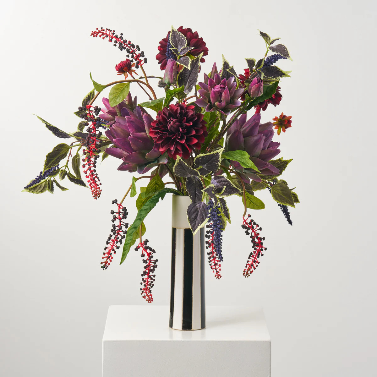 Enchanted Garden - Purple Artichoke, Burgundy Dahlia, Blue Coleus & Pokeberry in Black White Colu... | Darby Creek Trading