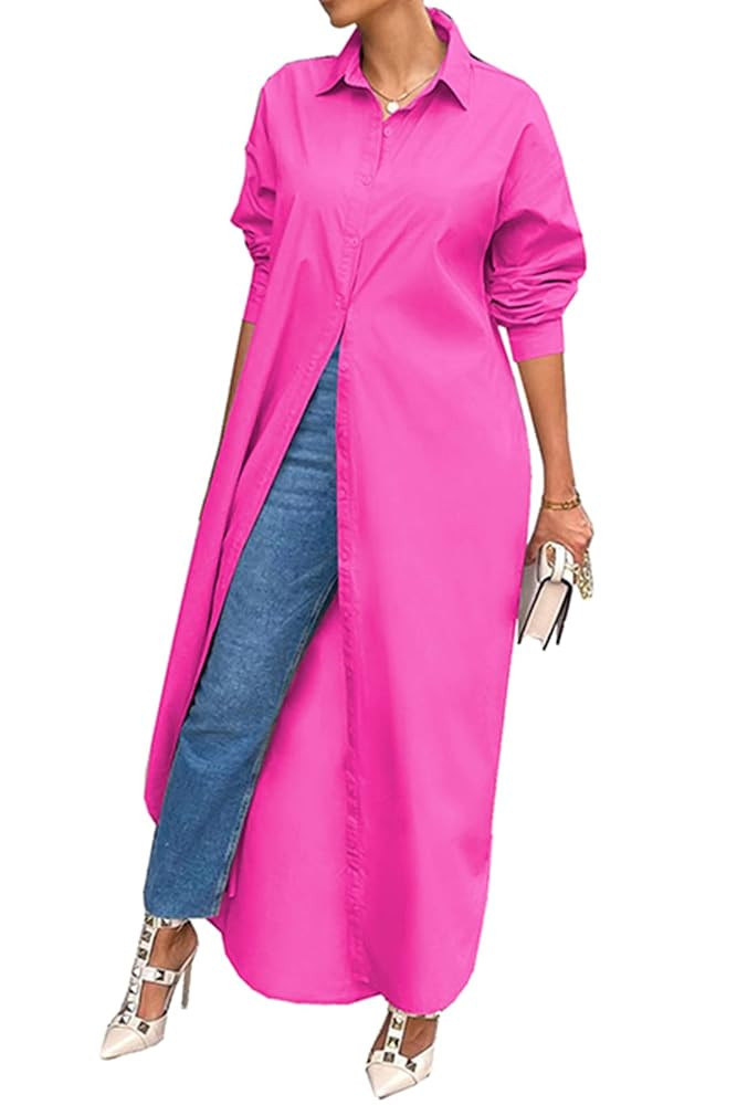 Choichic Shirt Dresses for Women Casual Long Sleeve Cotton Button Down Maxi Dresses | Amazon (US)