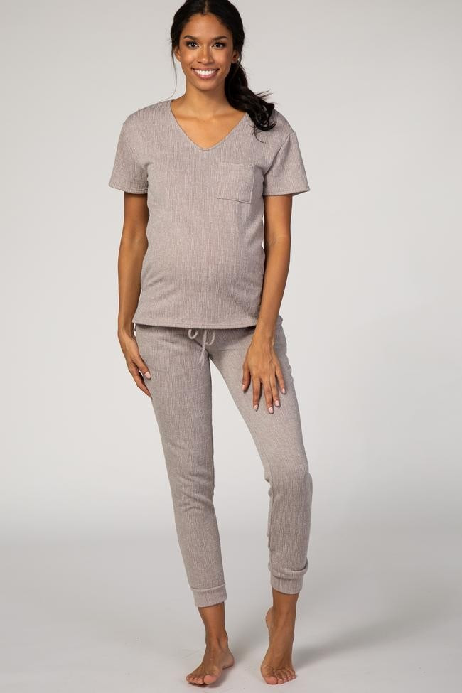 PinkBlush Beige Knit Short Sleeve Maternity Pajama Set | PinkBlush Maternity