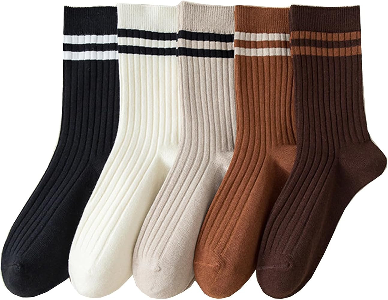 Deeorla Womens Striped Crew Socks Brown Vintage Retro Athletic Socks 5 Pairs | Amazon (US)