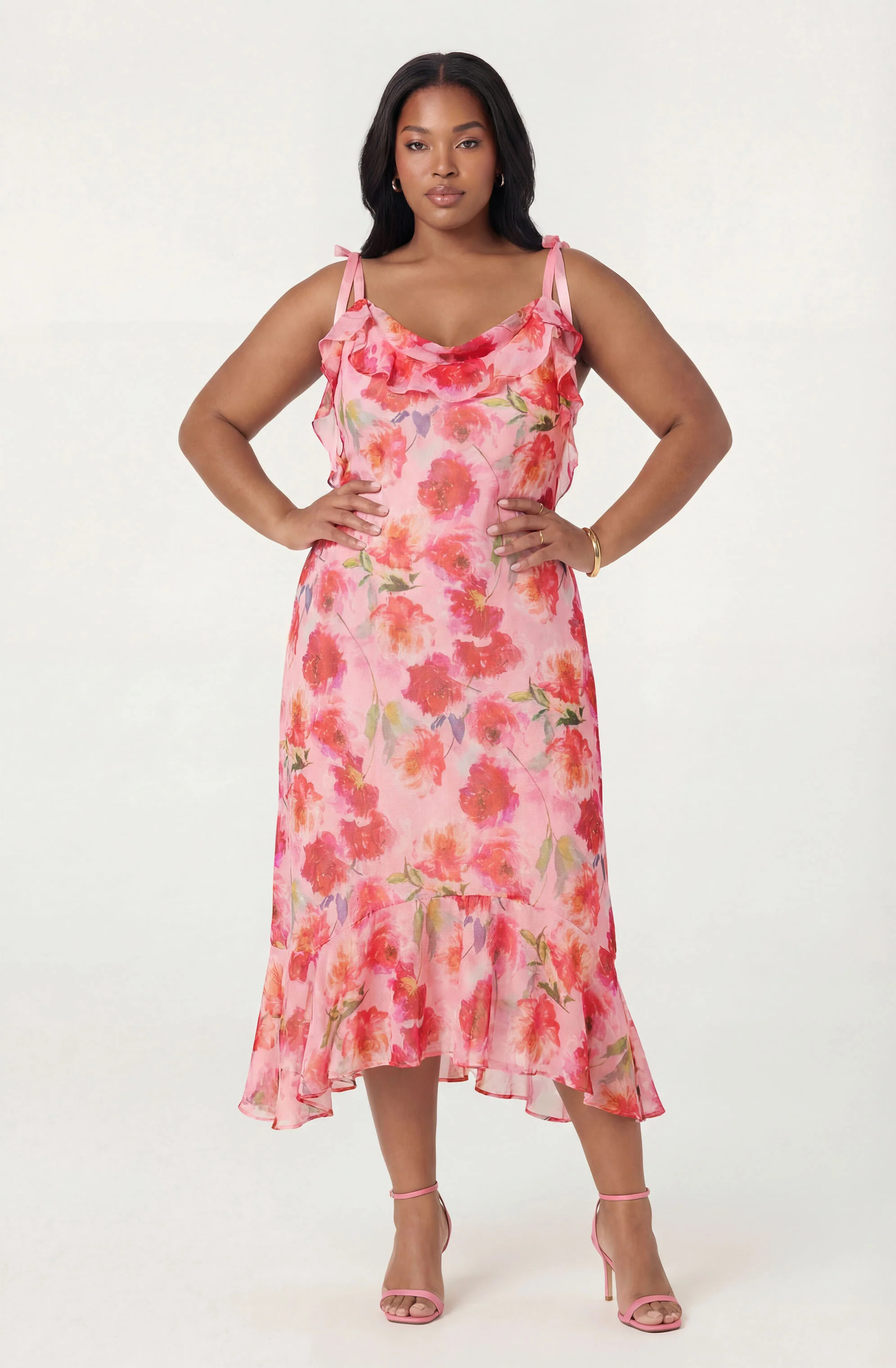 Nissa Floral Ruffle Midi Dress - Plus Size - Pink floral / 2X | ASTR The Label (US)