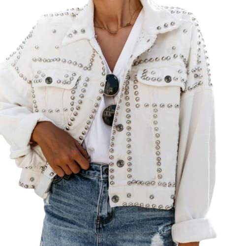PUWEI Dressy Rivet Studded Denim Jacket for Women Western Distressed Washed Crop Jean Coat(2492-White-XXL) | Amazon (US)