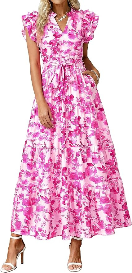 dowerme Women Summer Maxi Dresses 2026 Ruffle Sleeve V Neck Floral Boho Long Dress Belted Tiered ... | Amazon (US)