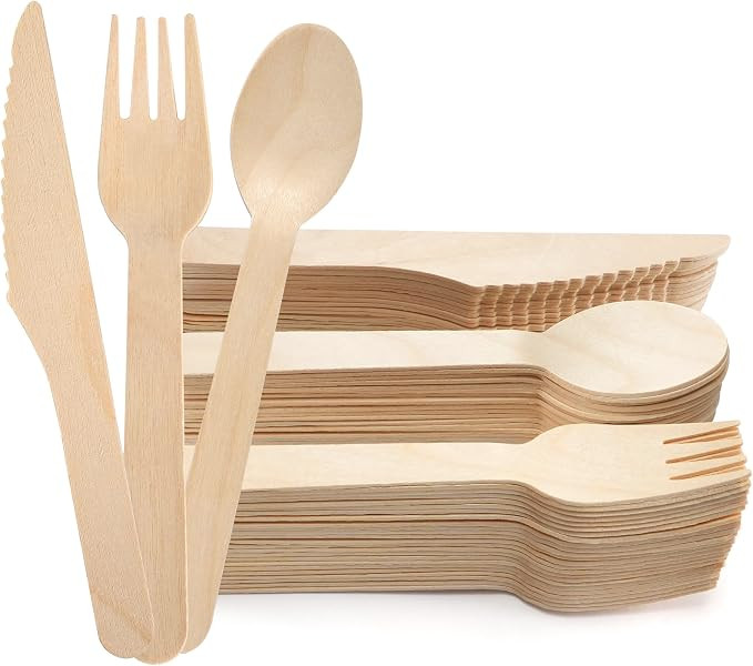 LotFancy Disposable Cutlery Set, 200Pcs Wooden Compostable Utensils (100 Forks, 50 Spoons, 50 Kni... | Amazon (US)