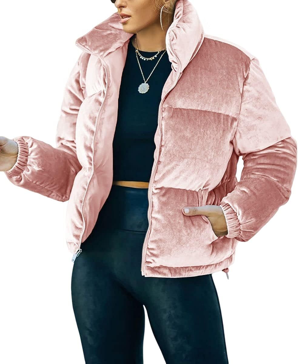 Amazon.com: MIRACMODA Womens Winter Zipper-up Velvet Puffer Jacket Relaxed Fit Winter Down Coat O... | Amazon (US)