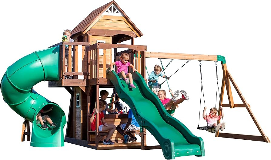 Backyard Discovery Cedar Cove Wood Swing Set with Spiral Tube and Wave Slide, Clubhouse, Toy Gril... | Amazon (US)