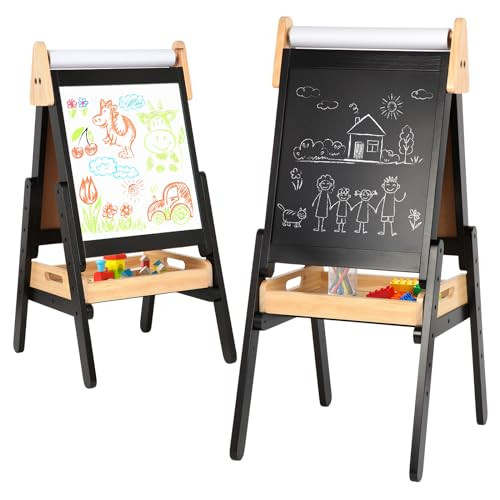3 in 1 Easel for Kids with Wood Tray Double Sided Kids Easel with Paper Roll,Magnetic Chalkboard & White Board Height Adjustable Painting Standing Easel for Toddlers Childrens 2+ (Black) | Amazon (US)