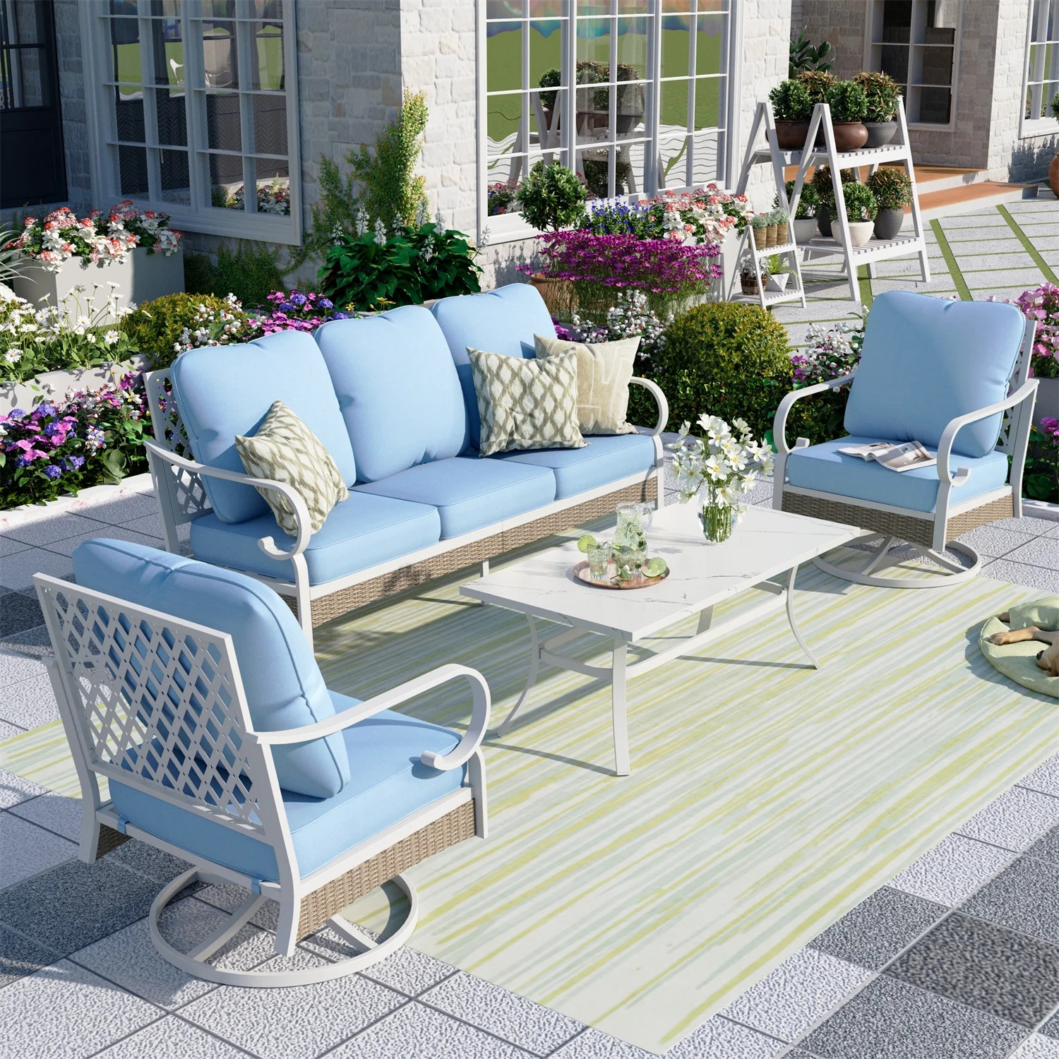 Summit Living 5-Seater Patio Conversation Set Metal Outdoor Furniture with Swivel Chair Sofa Blue | Walmart (US)