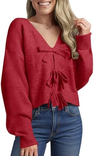Saodimallsu Womens Bow Sweater Cropped V Neck Long Sleeve Fall Cozy Knit Loose Trendy Pullover Sw... | Amazon (US)